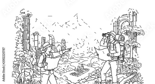 Hikers exploring ancient ruins in a scenic landscape, line art illustration