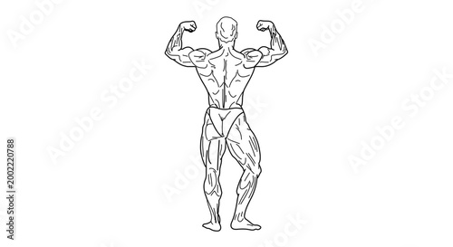 Back view of a muscular bodybuilder posing with arms raised