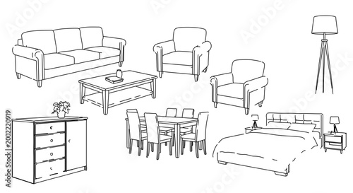 Hand drawn furniture set sketches including sofa, bed, and dining table