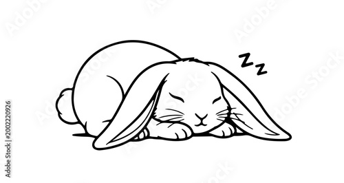 Cute sleeping lopeared bunny rabbit, line art illustration