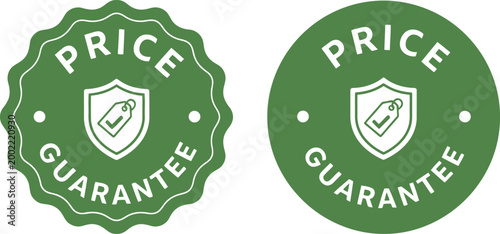 Green Price Guarantee Badge Icons with Shield and Tag Symbol for Retail and E-commerce Promotions