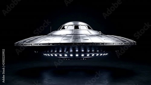 Rotating UFO Flying Saucer with Glowing Lights on Dark Background 4K