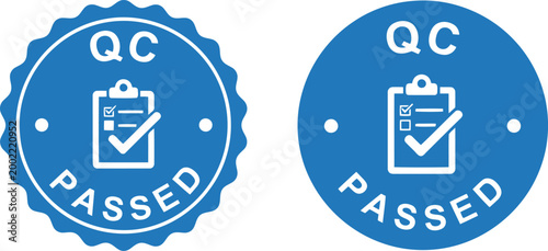 Blue QC Passed Quality Control Badge Icons with Checklist Symbol for Certification and Approval