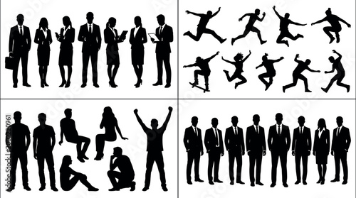 Large set of people silhouettes featuring business professionals in suits active jumping characters and casual sitting poses for corporate lifestyle conceptsLarge set of people 