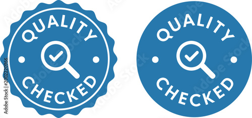 Blue Quality Checked Badge Icons with Check Mark and Magnifying Glass for Certification and Approval