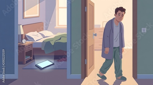 Nighttime Regret: Depiction of a man gazing at his phone, while looking unhappy as he looks out the bedroom. A poignant image for the effects of overusing a smartphone.