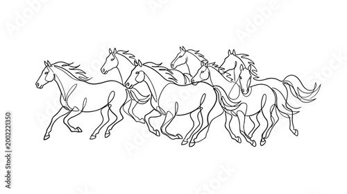 A majestic herd of horses gallops across a white background in a minimalist line art illustration, conveying freedom and motion