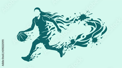 Quadro su tela Dynamic female basketball player dribbling with abstract graphic elements