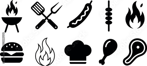 Collection of barbecue and grilling icons representing food and cooking tools on a white background