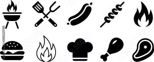 Collection of black barbecue and grilling icons representing food and cooking tools isolated on transparent background