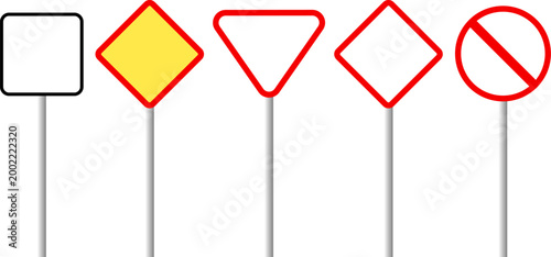 Traffic road signs in different shapes with metal pipes