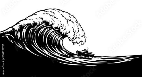 Black and white illustration of a small fishing boat struggling in a giant ocean wave