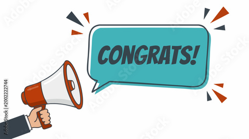 Tableau sur toile Megaphone announcing congratulations with speech bubble, flat vector illustratio