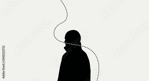 Silhouette of a man with a dashed line path moving above his head in a minimalist style