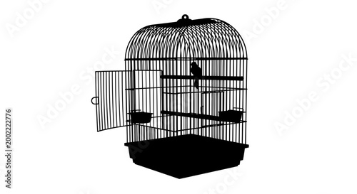 Black silhouette of an open bird cage with a small bird sitting on a perch inside