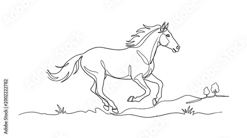 A Majestic Horse gallops across a scenic meadow filled with rolling hills and vegetation, captured in a clean and elegant line art illustration