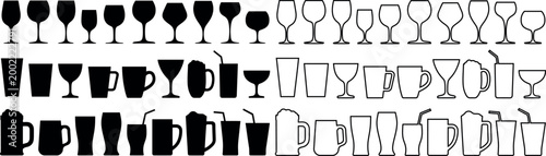 Collection of various drinkware silhouettes and outlines including wine glasses and mugs