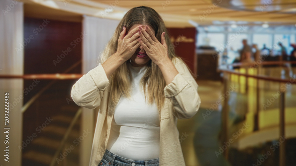 Fototapeta premium Woman holds both hands up in stop gesture with palms visible, tense facial expression, wearing white top and beige shirt, inside building with railing and staircase; anxiety alarm.