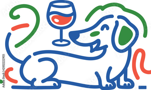 Playful abstract line art illustration of a dachshund dog enjoying a glass of red wine