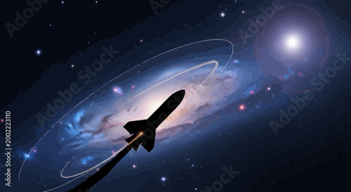Black rocket silhouette flying through a bright blue galaxy in deep outer space
