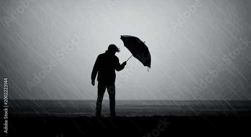 Canvastavla Silhouette of a man holding an umbrella standing alone in the heavy pouring rain