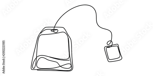 Continuous line drawing of a simple tea bag with tag