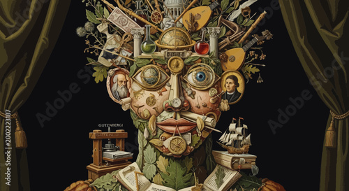 Surreal portrait of a man with various objects and items growing out of his head