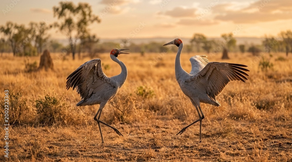 Obraz premium Brolga crane pair dancing Queensland dry season landscape red crown vivid eye-level intimate close approach OM System OM-1 Mark II PRO crisp midday late afternoon warm orange light on savanna grass