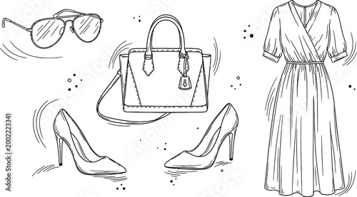 Hand drawn fashion illustration shoes dress bag and sunglasses sketch