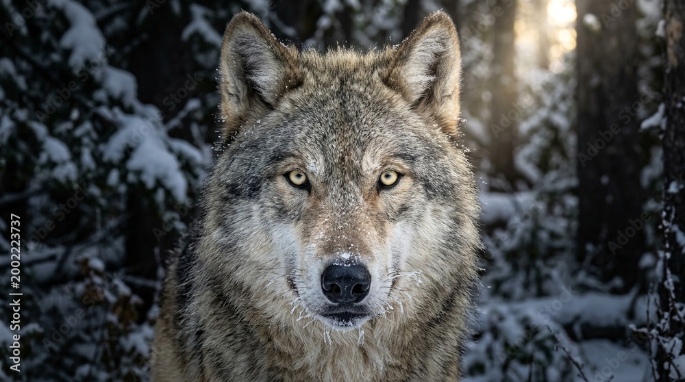 Fototapeta premium Gray wolf face close-up pale yellow eyes in focus winter coat thick Yellowstone morning backlight deep forest shade with single light shaft