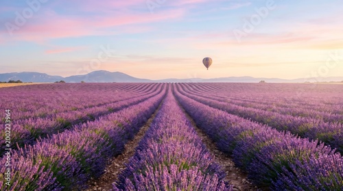 A serene lavender field at sunset with rows of vibrant purple flowers and a hot air balloon floating above distant hills under a pastel sky.