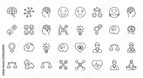 Set of mental health and psychology icons, including brain, emotions, therapy, and mindfulness symbols