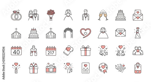 Set of wedding icons, thin line style