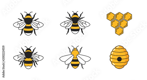 Set of cute honey bees, honeycomb and beehive icons