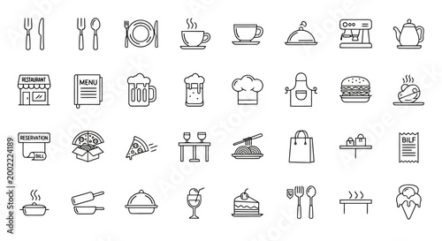 Set of restaurant and food icons, thin line style