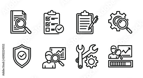 Set of eight simple black line icons for tools and hardware Vector