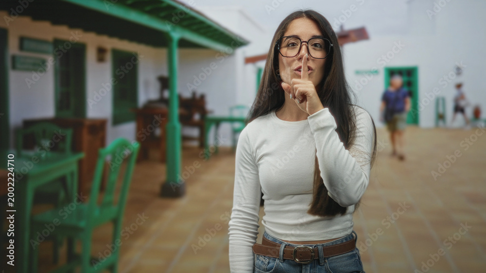 Fototapeta premium Young hispanic woman wearing glasses and denim points finger to green chair beside a white building with tiled courtyard and outdoor cafe tables; playful hush.
