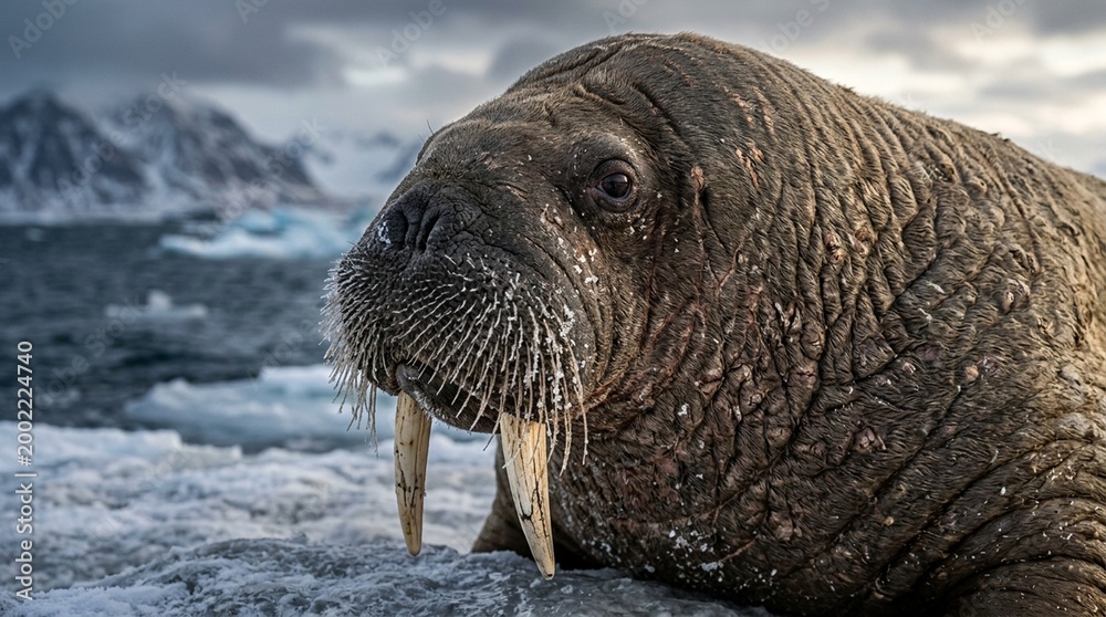 Fototapeta premium Walrus close portrait Svalbard on ice tusks whiskers textured skin tight portrait headshot with shallow depth of field stormy backlight