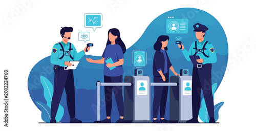 Security guards using barcode scanners for access control at office building entrance turnstiles