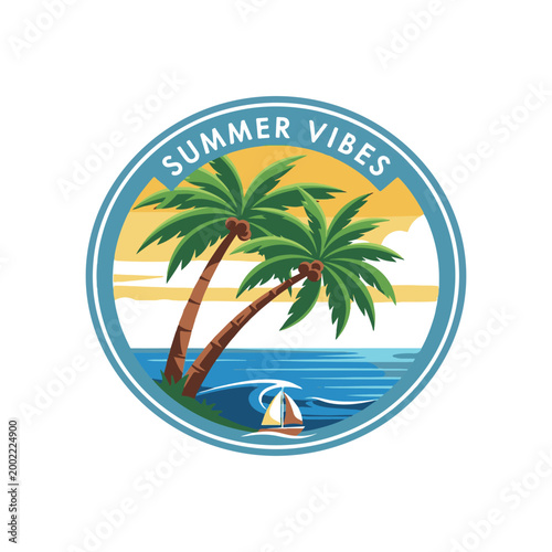 Retro Tropical Sunset Island with Palm Trees and Ocean Waves