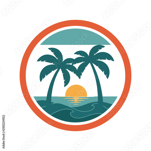 Retro Tropical Sunset Island with Palm Trees and Ocean Waves