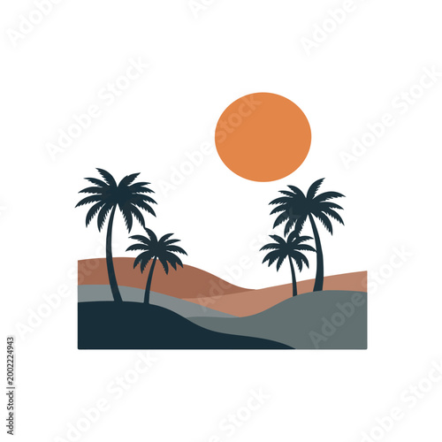 Retro Tropical Sunset Island with Palm Trees and Ocean Waves
