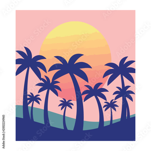 Retro Tropical Sunset Island with Palm Trees and Ocean Waves