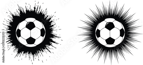 Rugged soccer ball silhouettes a dynamic sports illustration with ink splatter effects