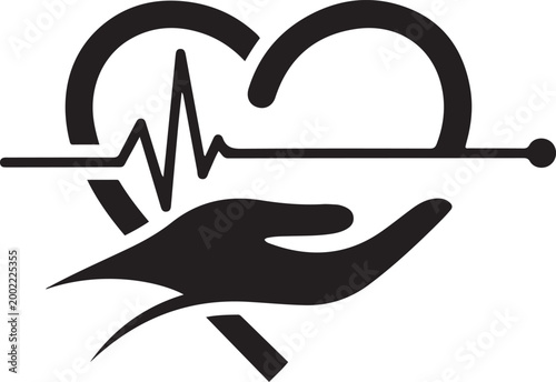 Heartbeat ekg line integrated with a caring hand and a ribbon symbol