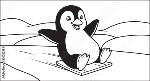 Cartoon penguin sliding down an icy hill on a sled, looking joyful