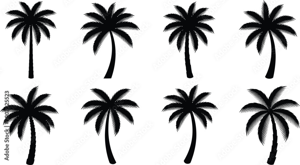 Fototapeta premium Tropical palm tree silhouettes a collection of eight black palm trees