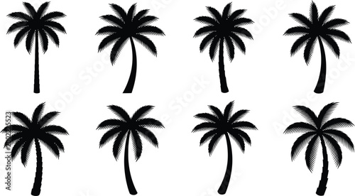 Tropical palm tree silhouettes a collection of eight black palm trees