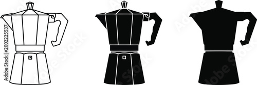 Three moka pot illustrations detailed gradient and silhouette views