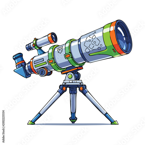 Colorful cartoon telescope on a tripod for astronomical observation and space science education